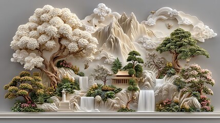 Premium indoor waterfall mountain scene decorative art high resolution image