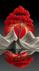 Red tree reflection scenic digital artwork high resolution image