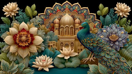 Royal peacock palace floral illustration art high resolution image