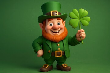 3D Leprechaun Holding Shamrock on Green Background