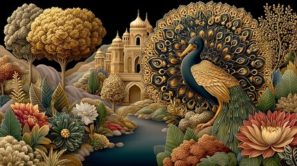 Royal peacock with ornate palace landscape illustration high resolution image