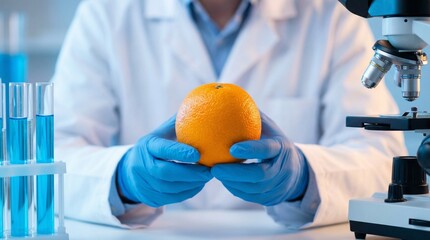 Scientist in lab coat and gloves examining a fresh orange in a laboratory setting, conducting food science research and quality analysis