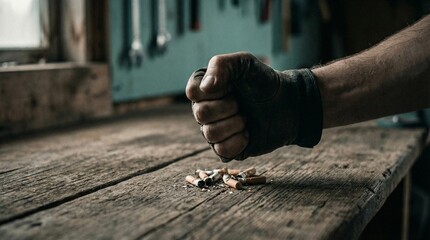 Determined Hand Crushing Cigarette Butts on a Rustic Workbench, Symbolizing Quitting and Resolving an Unhealthy Habit