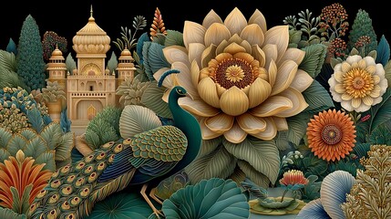 Royal peacock garden floral palace art high resolution image