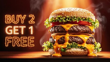 A delicious triple-decker cheeseburger with lettuce and tomato is offered in a buy 2 get 1 free deal on a wooden table indoors.