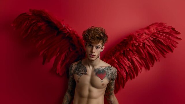 A handsome Cupid god with heart-shaped tattoos on his body, holding wings of love against a red background &ndash; video.