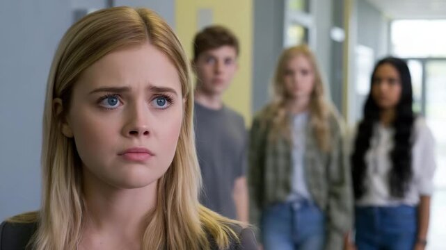 Blonde woman with concerned expression standing in front of blurred background of people in hallway video