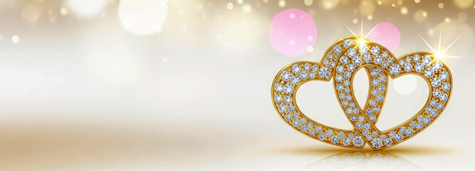Two golden hearts with diamonds on a bokeh lights background with copy space radiating luxury and romance. Perfect for Valentine&acute;s Day gifts, weddings, fashion, jewelry advertisement.