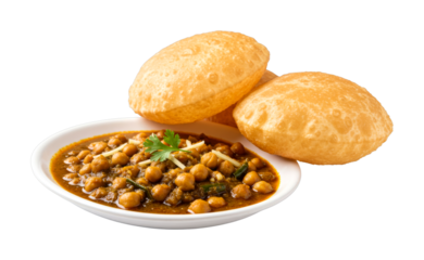 Traditional Chana Puri, a flavorful Indian chickpea curry served in a white bowl with golden fried bread, garnished with fresh ginger and cilantro.