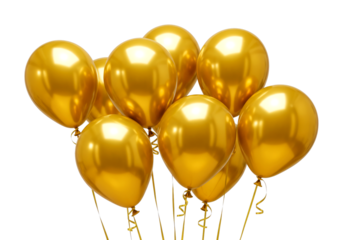 Shiny golden balloons with ribbons floating elegantly together, creating a festive and luxurious atmosphere perfect for celebrations and special occasions.