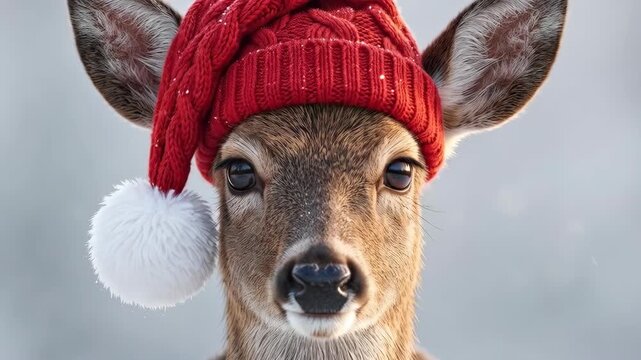 Deer stands facing camera wearing a red knit hat with light snow on its fur. Soft grey bokeh background evokes cold winter environment. Close-up composition highlights facial features, coat texture an