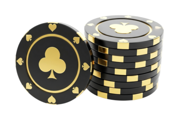 Luxury black and gold poker chips stacked and displayed prominently, featuring elegant club, heart, and spade symbols for a high-stakes casino game experience.