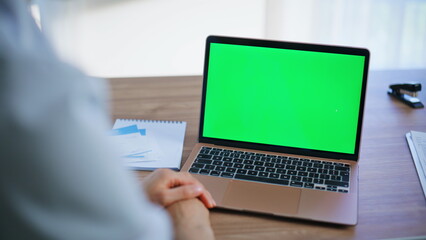 Clinic specialist consulting mockup laptop office closeup. Medic video calling