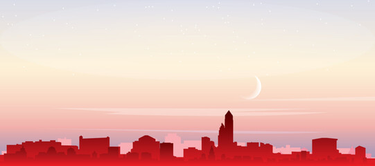 Fototapeta premium Red panoramic poster of the city skyline with misty background buildings, sunrise, moon and clouds of JACKSONVILLE, UNITED STATES