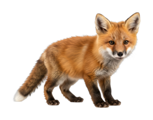 Charming young red fox kit stands confidently, observing its surroundings with a captivating gaze and its distinctive reddish-brown fur.