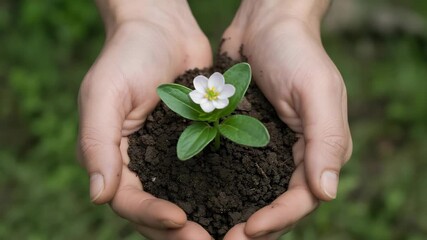 Nurturing hands cradling a delicate white flower in fertile soil natural video 