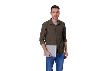 Fototapeta premium Young man standing with laptop, contemplating digital work and online education on transparent background