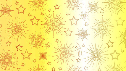 Vibrant golden-yellow gradient background pattern featuring sparkling fireworks and shimmering stars, ideal for festive celebrations and joyful design projects