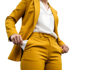 A businessperson in a stylish yellow suit showing empty pockets, symbolizing financial hardship or being broke.