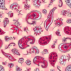 Pink, floral ornate boteh paisley seamless repeat pattern. Traditional, vector, tear drop shaped and botanical ethno motif as aop, all over print on a beige, rose checked background.