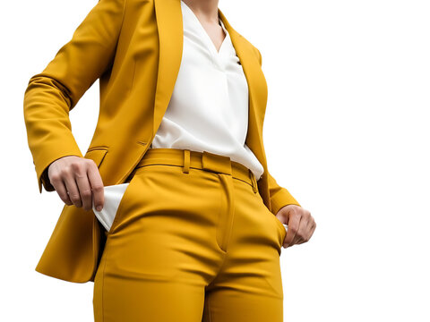 A businessperson in a stylish yellow suit showing empty pockets, symbolizing financial hardship or being broke.