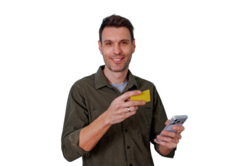 Smiling man finding easy cashless transactions, using mobile banking application and credit card for convenient digital shopping