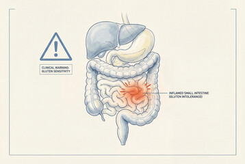 Celiac disease awareness infographic showing inflamed small intestine and digestive system anatomy