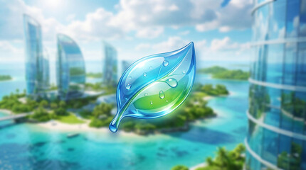 Frutiger aero 3d glass leaf emblem with water drops over tropical futuristic island