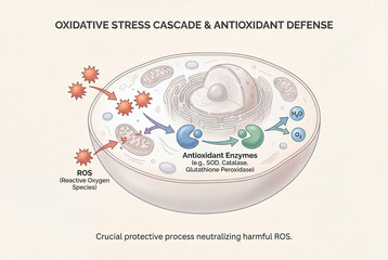 Oxidative stress cascade diagram illustrating reactive oxygen species and antioxidant defense mechanism