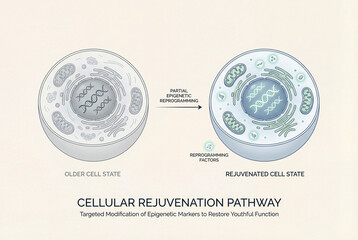 Cellular rejuvenation pathway infographic illustrating partial epigenetic reprogramming and anti-aging