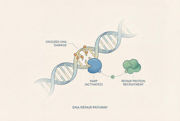 DNA repair pathway illustration showing PARP activation and recruitment of repair proteins