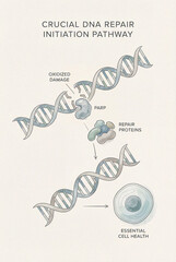 DNA repair pathway illustration showing PARP activation and recruitment of repair proteins