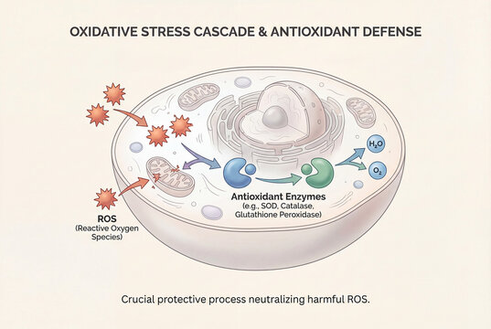 Oxidative stress cascade diagram illustrating reactive oxygen species and antioxidant defense mechanism