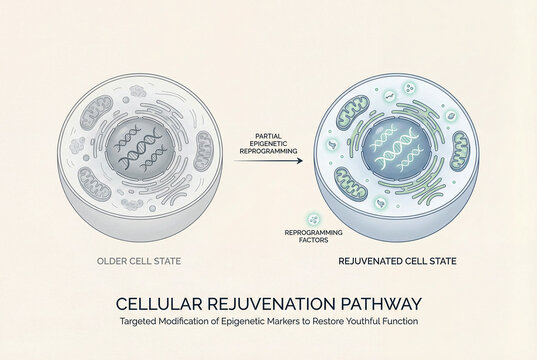 Cellular rejuvenation pathway infographic illustrating partial epigenetic reprogramming and anti-aging