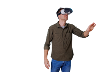 Man wearing vr headset, using hand gesture to interact with virtual environment. Immersive technology, transparent background