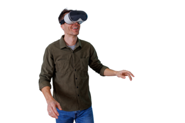 Man smiling while experiencing virtual reality through a headset, exploring new digital worlds and innovative simulation