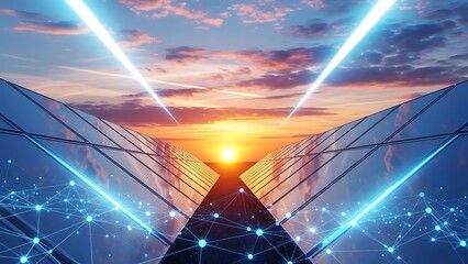 Futuristic cityscape at sunset with glowing beams