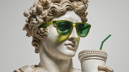 Modern Classical Sculpture Wearing Green Sunglasses Holding a Drink 