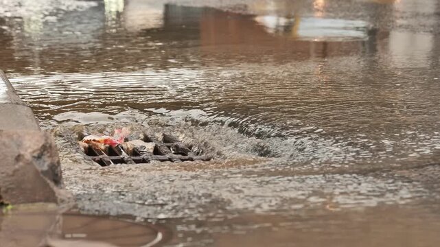 Rainwater draining into a street sewer grate on a wet urban road