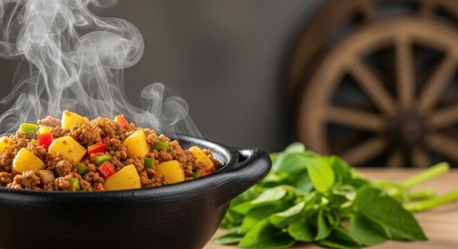 Savory Steaming Costa Rican Picadillo Minced Beef Stew in Black Clay Pot with Negative Space and Oxcart Wheel Background