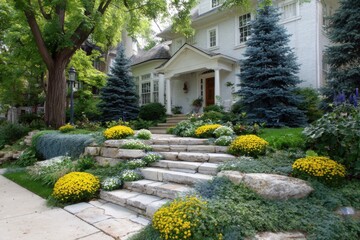 Obraz premium Bright yellow flowers line stone steps in a well-kept garden in front of a white house surrounded by tall trees on a sunny day