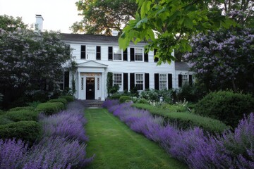 House with a green lawn and lavender flowers during the day in a residential neighborhood showcasing simple architectural style and gardens