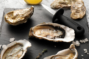 Black board with delicious fresh oysters, thyme and salt on grey background, closeup © Pixel-Shot