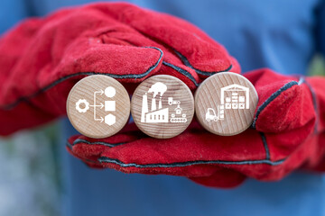 Worker hands in protective red gloves holding wooden blocks with icons symbolizing: sorting and filtering. Concept of production sorting and filtering. Sort Filter Conveyor Industry Technology.