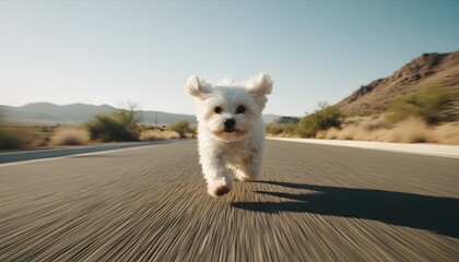 Small white puppy running towards camera on desert road under clear blue sky