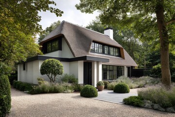 A charming house featuring a thatched roof, beautifully nestled within a lush garden filled with vibrant shrubs and tall trees, basking in the daylight