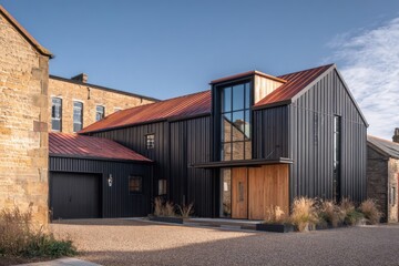 Contemporary house architecture beautifully integrated into a picturesque rural landscape, showcasing a variety of materials and vibrant colors under the bright daylight
