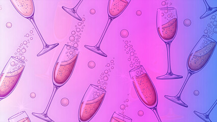 A vibrant and effervescent display of champagne glasses with sparkling pink liquid, embodying the spirit of celebration and festive moments