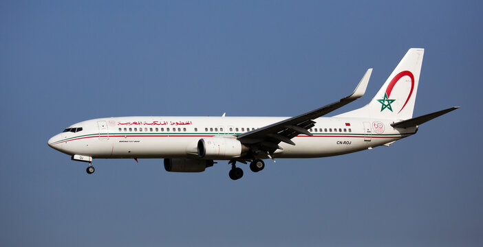 EL PRAT DE LLOBREGAT, SPAIN - JANUARY 24, 2020: Passenger airliner Boeing 737-85P of Royal Air Maroc Airlines with registration number CN-ROJ landing in International El Prat Airport in Barcelona..