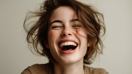 Ai laughing woman with short, messy hair smiles brightly in a simple indoor setting during daylight